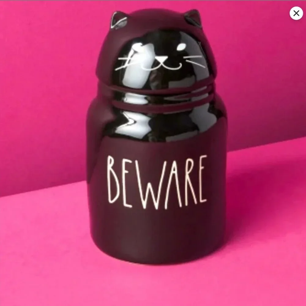 new RAE DUNN 7in Beware Cat Canister With Lid Halloween decor snack jar